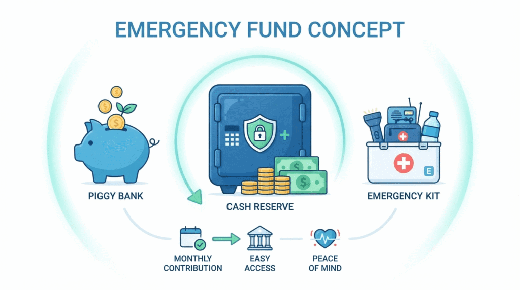 Emergency fund savings concept with financial security icons.