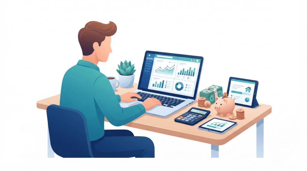 Person planning a savings goal using a budget and financial tools.