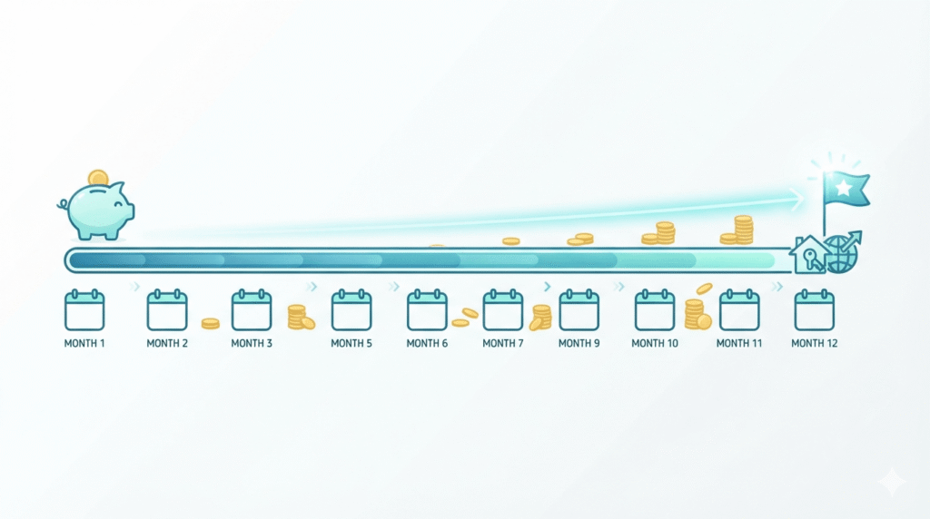 Monthly savings timeline showing progress toward a financial goal.