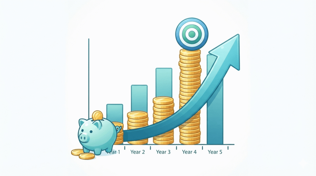 Savings growing steadily over time with increasing financial progress.