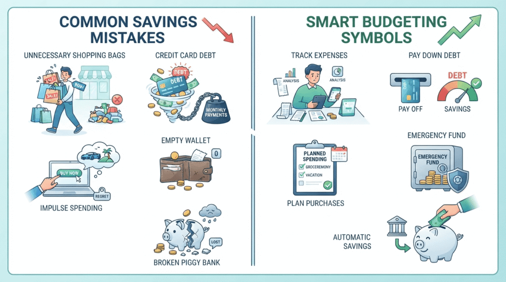 Illustration of common mistakes people make while trying to save money.
