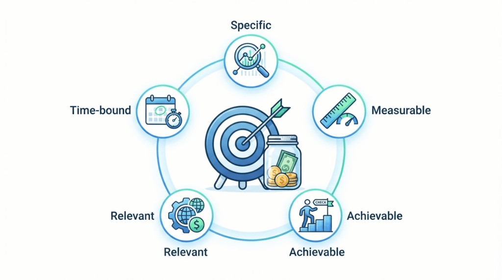 Illustration representing the SMART method for setting savings goals.