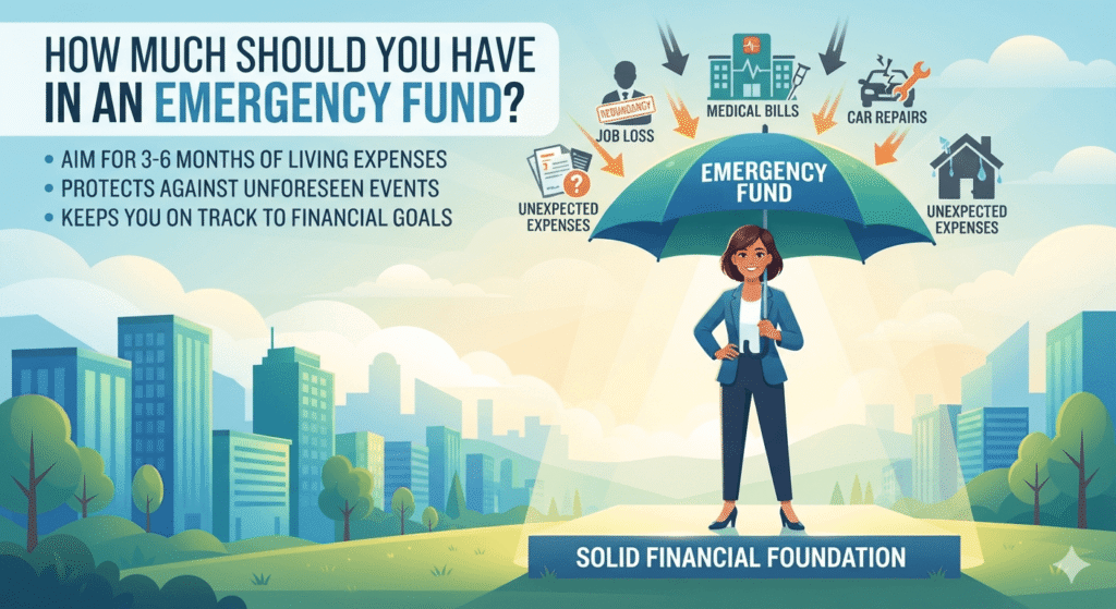 How much should I have in an emergency fund? Illustration showing financial safety net protecting against life's unexpected emergencies.